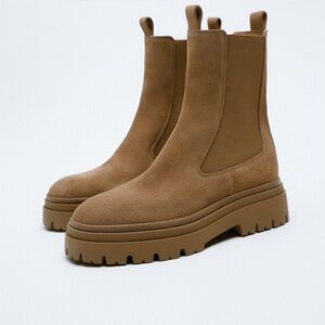 ZARA LEATHER TAN SUEDE LUG CHELSEA ANKLE BOOTS PULL-ON SZ 7.5